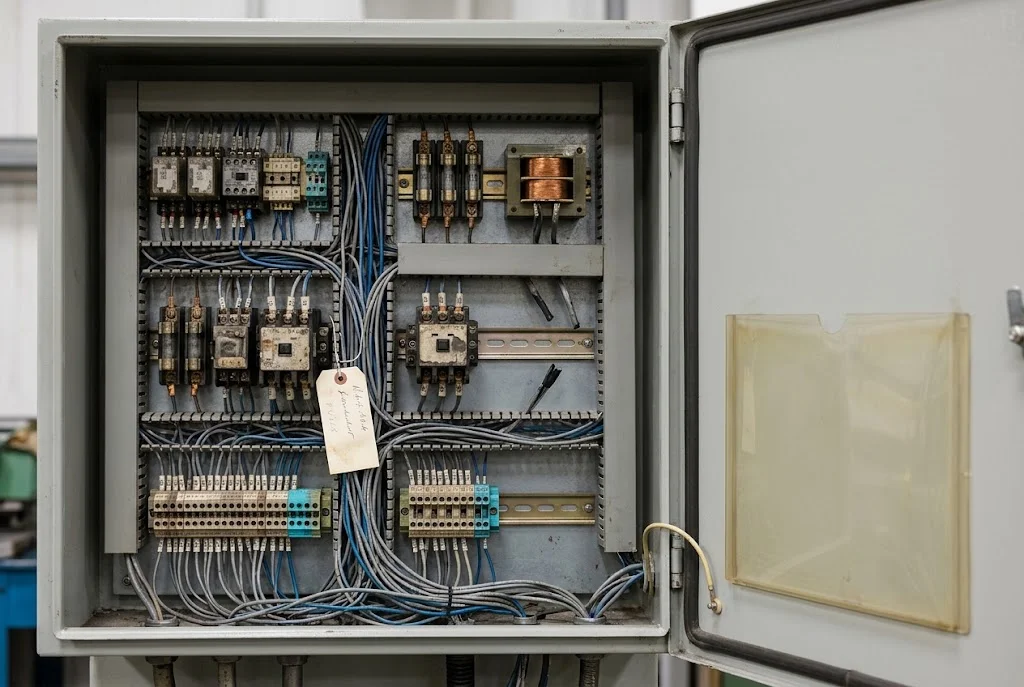 Open industrial control panel showing relays, contactors and numbered control wiring with no schematic in the door pocket.